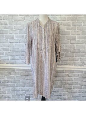 Tahari Linen Blend Shirt Dress Long Sleeve Roll Tab Med Boho Lagenlook Casual